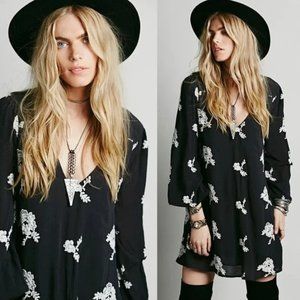 Free People • Embroidered Austin Mini Dress black cream floral flowy swing Emma